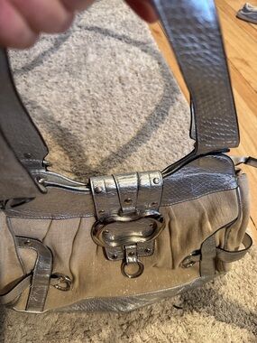 Unbranded Metallic Taupe Canvas Messenger Bag with Decorative Hardware